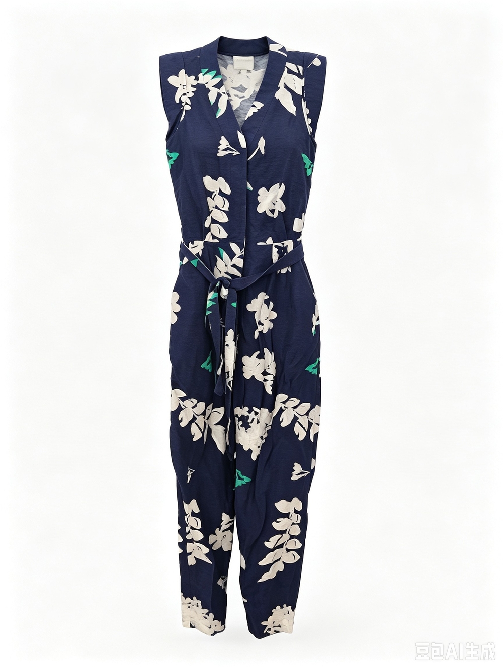 WHiT Sleeveless Navy Floral Jumpsuit with Tie Waist